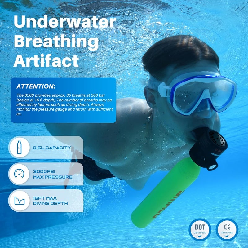 SMACO Mini Scuba Tank 0.5L Portable Small Diving Tank for Underwater Breathing Reusable Diving Cylinder Lung Air Tank for Emergency Rescue Boat Cleaning Backup Air Source Pony Bottle S300 - Image 2